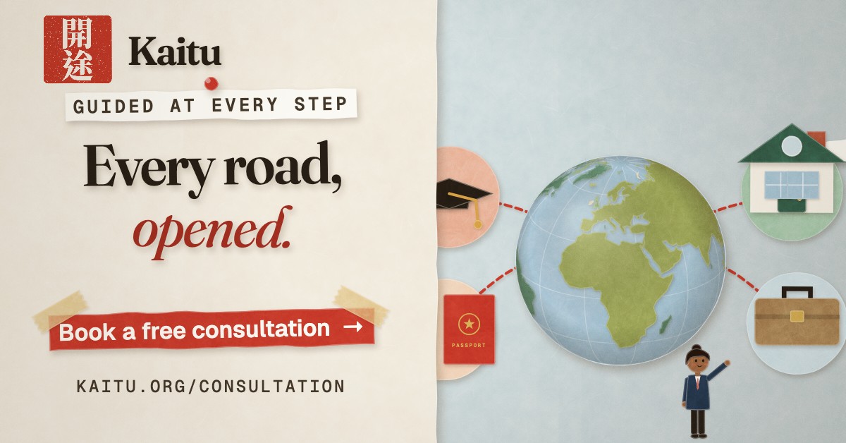 Kaitu: a papercraft illustration of a paper globe threaded to a mortarboard, a house, a passport and a briefcase, with a Kaitu consultant. “Every road, opened.” Book a free consultation.