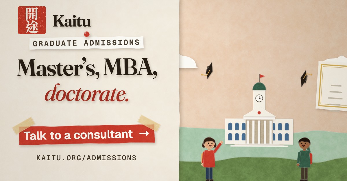 Kaitu: a papercraft illustration of two graduates tossing mortarboards in front of a university. “Master’s, MBA, doctorate.” Talk to a consultant.