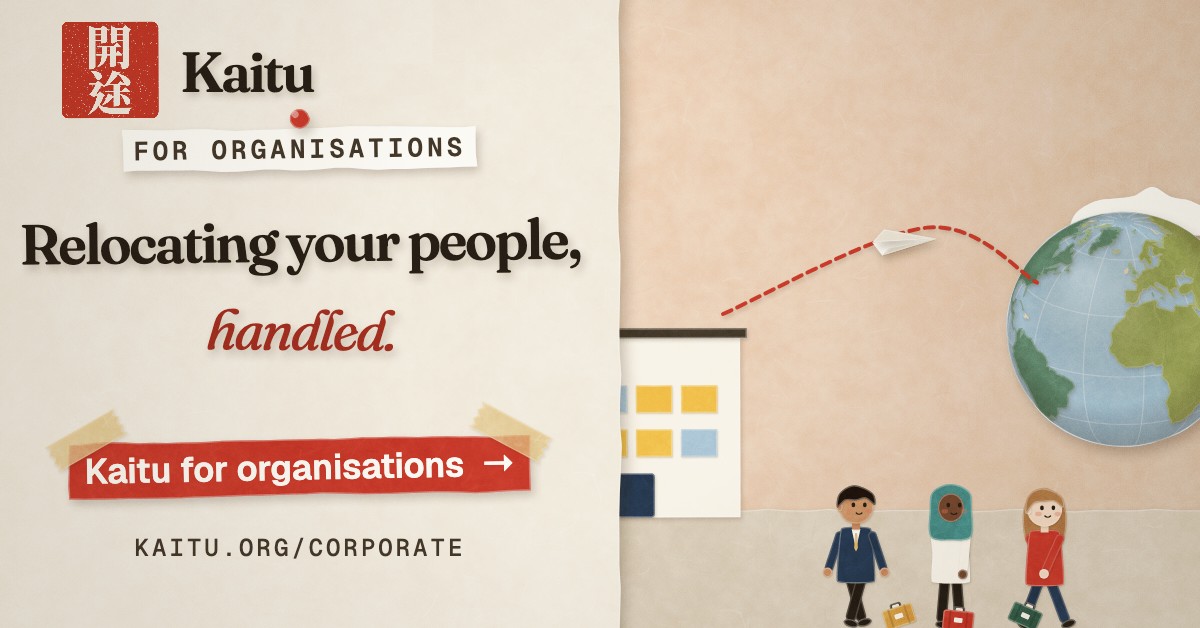 Kaitu: a papercraft illustration of employees with suitcases leaving an office, a plane flying to a globe. “Relocating your people, handled.” Kaitu for organisations.
