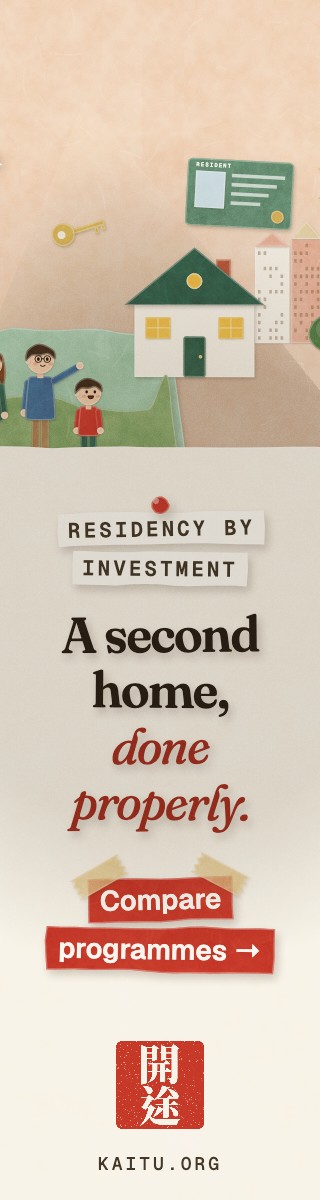 Kaitu: a papercraft illustration of a family outside their new home, with a key and a residence card. “A second home, done properly.” Compare programmes.