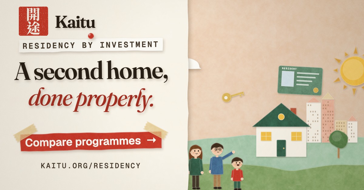 Kaitu: a papercraft illustration of a family outside their new home, with a key and a residence card. “A second home, done properly.” Compare programmes.